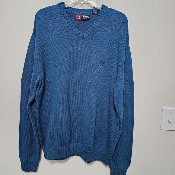 Chaps Ralph Lauren Sweater Mens XLT V-Neck Pullover Cotton Knit Turquoise - Picture 1 of 8